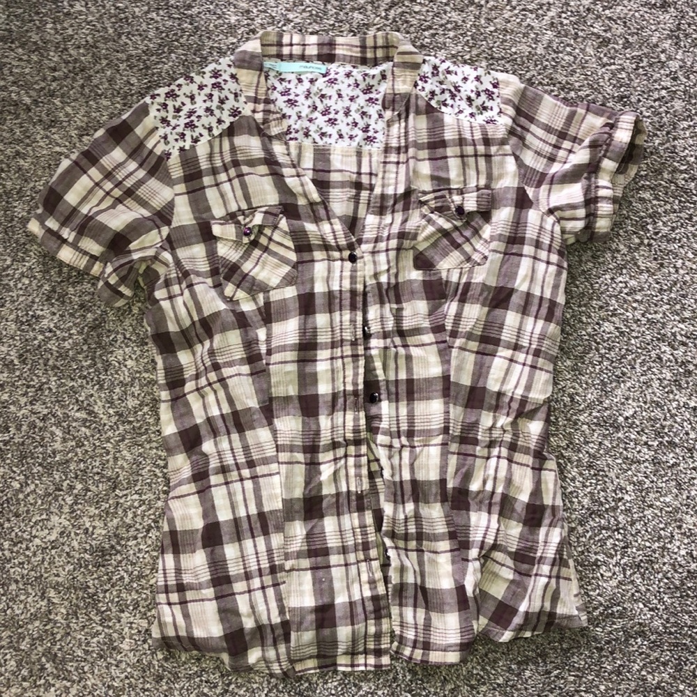 Flower and Plaid Printed Short Sleeve Button Up